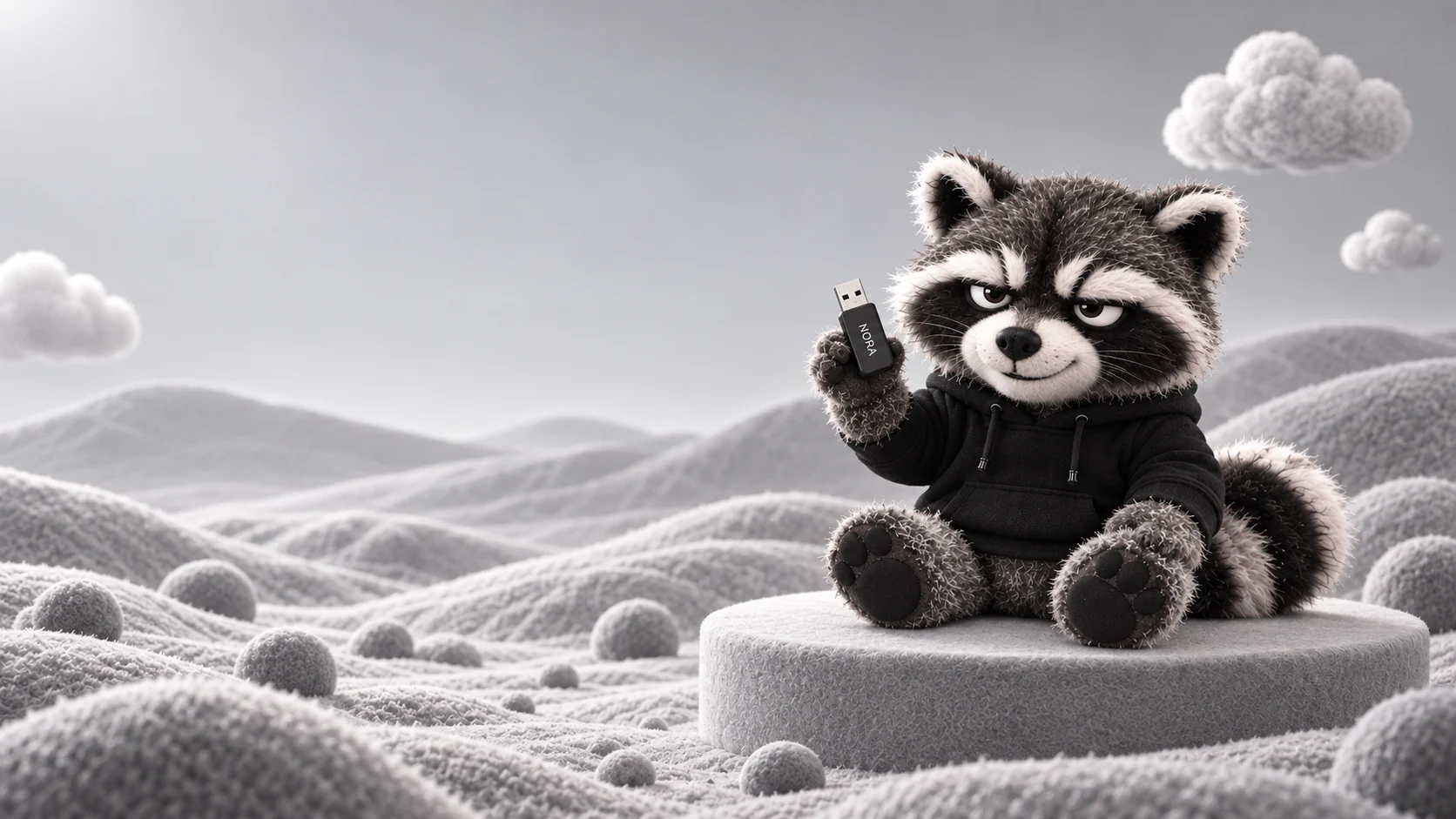 NORO, sin cascos, presenta el pendrive con NORA en su mundo de peluche