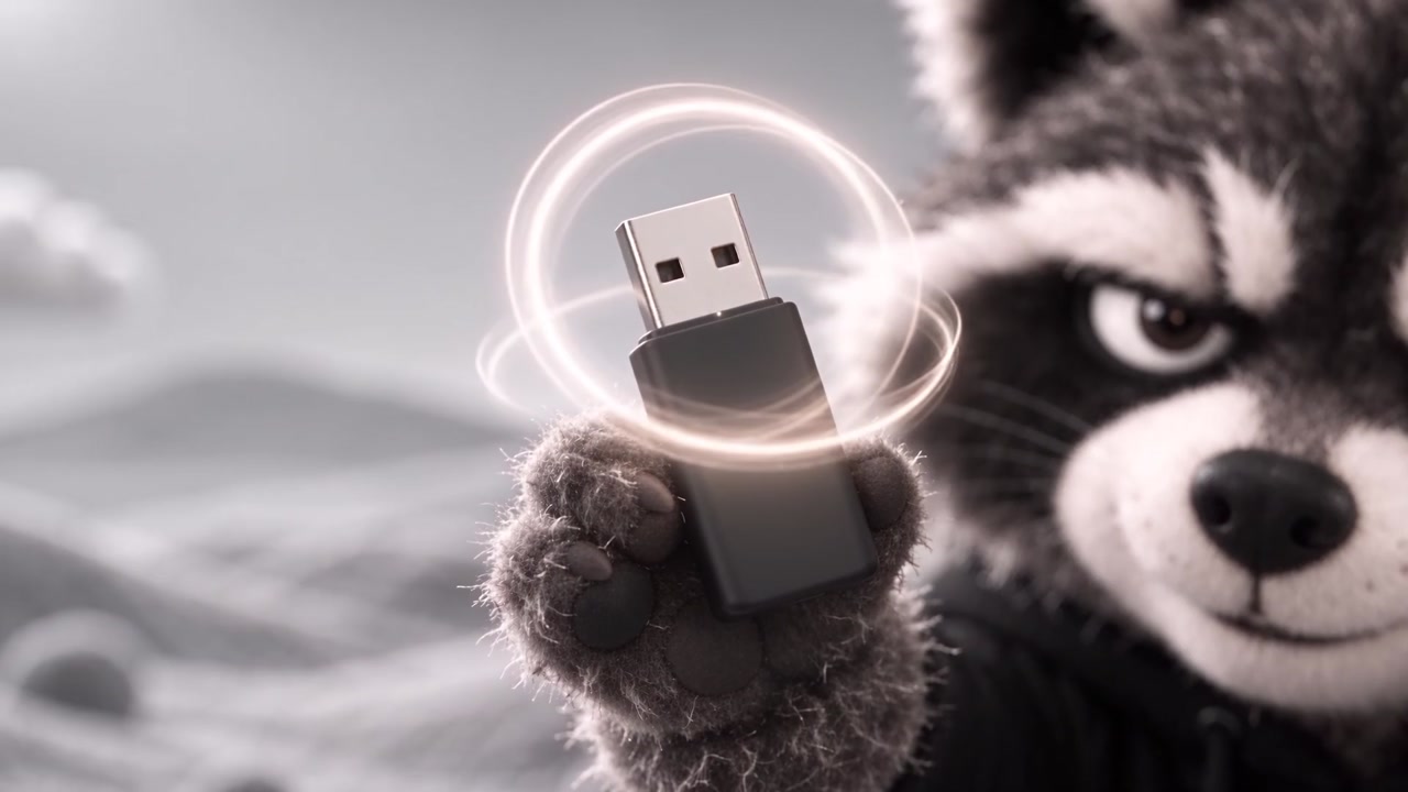 El pendrive NORA en la pata de NORO, rodeado de un halo de luz